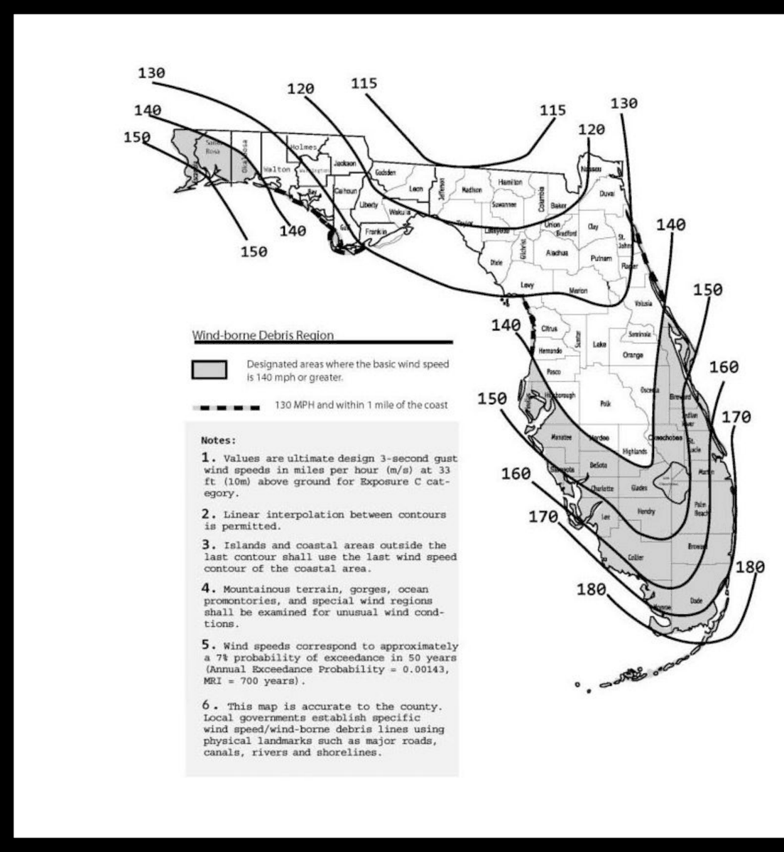 Florida Building Code wind-borne debris region map showing ultimate design wind speed contours from 115 mph in the Panhandle interior to 180 mph along the southeast coast